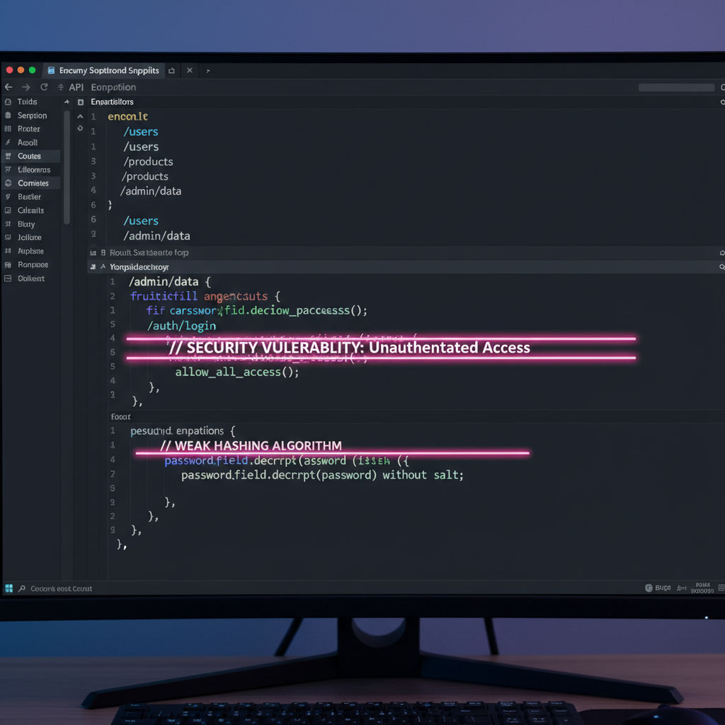 Code editor showing API endpoint definitions with security vulnerability annotations highlighted in pink
