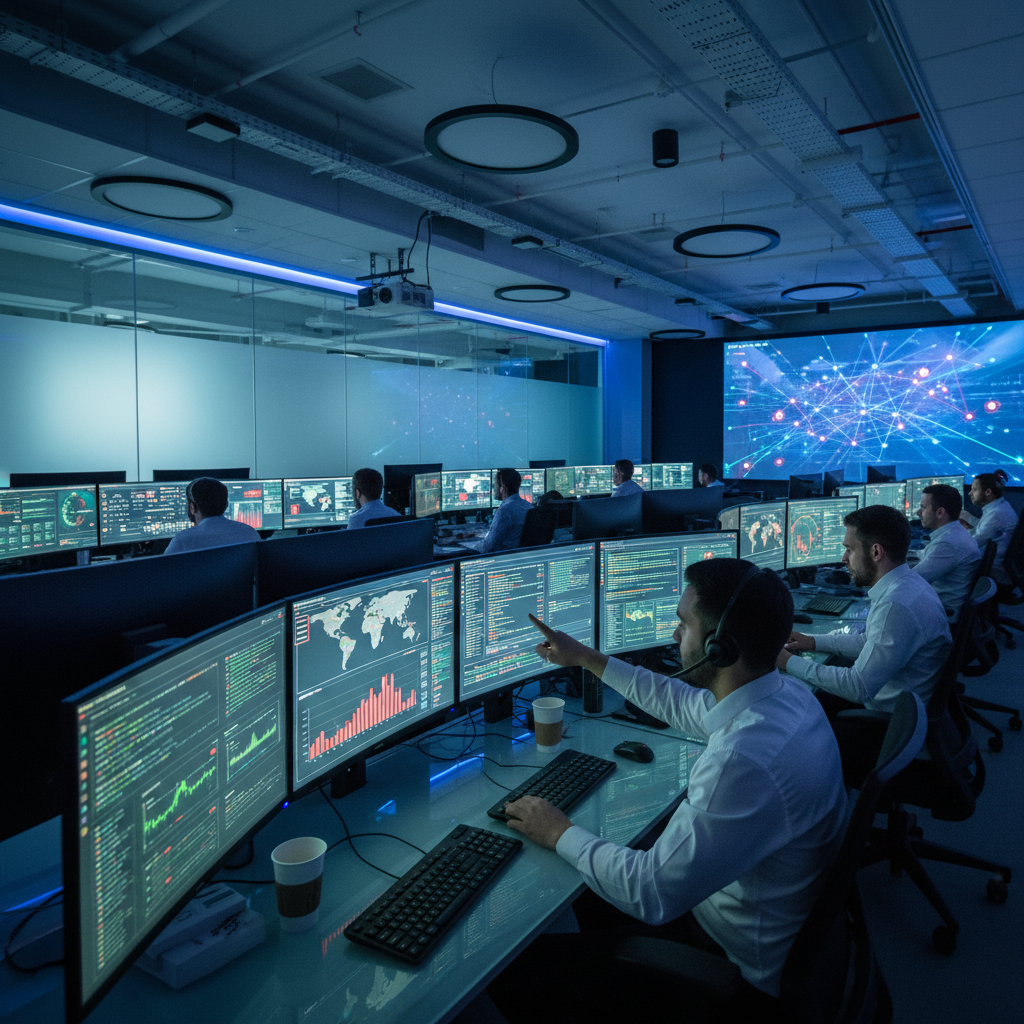 Security operations center with multiple monitors displaying threat detection dashboards and alert logs