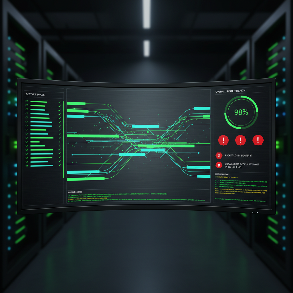 Network monitoring dashboard with green traffic flow visualisations and alert indicators