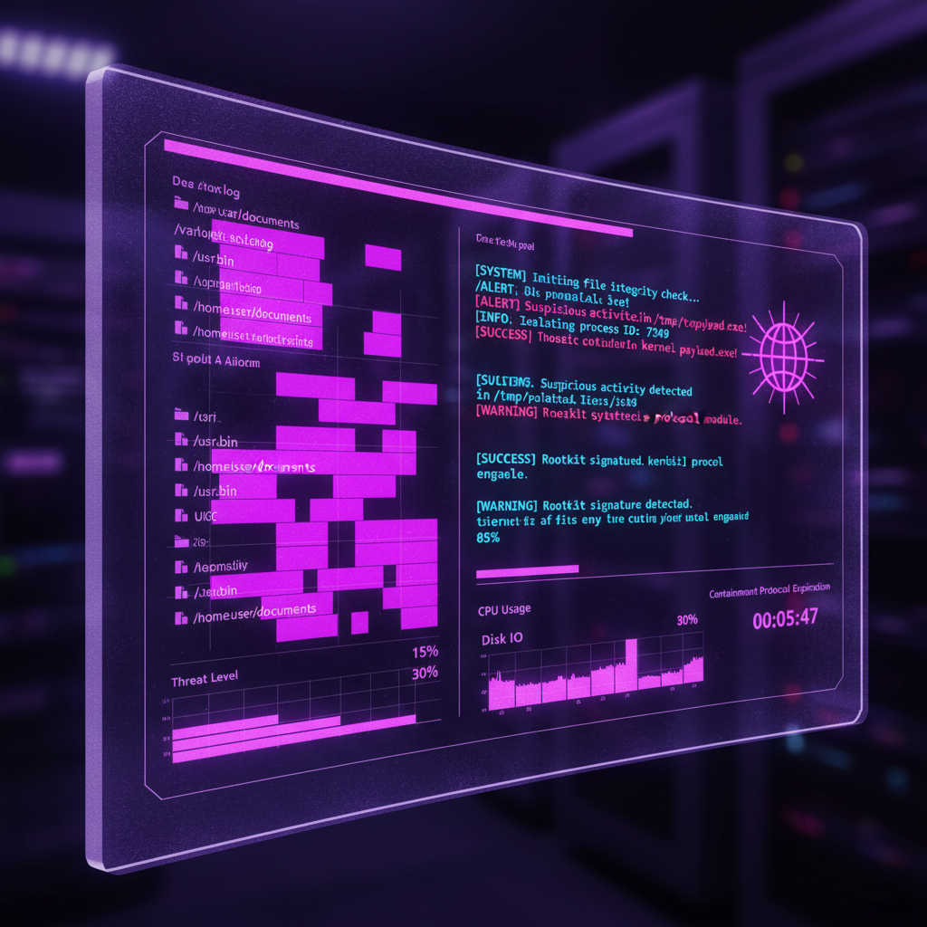 Purple-tinted terminal interface showing file system monitoring and threat containment logs