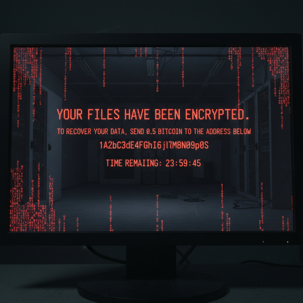 Dark terminal screen with red ransomware encryption warning text and code lines