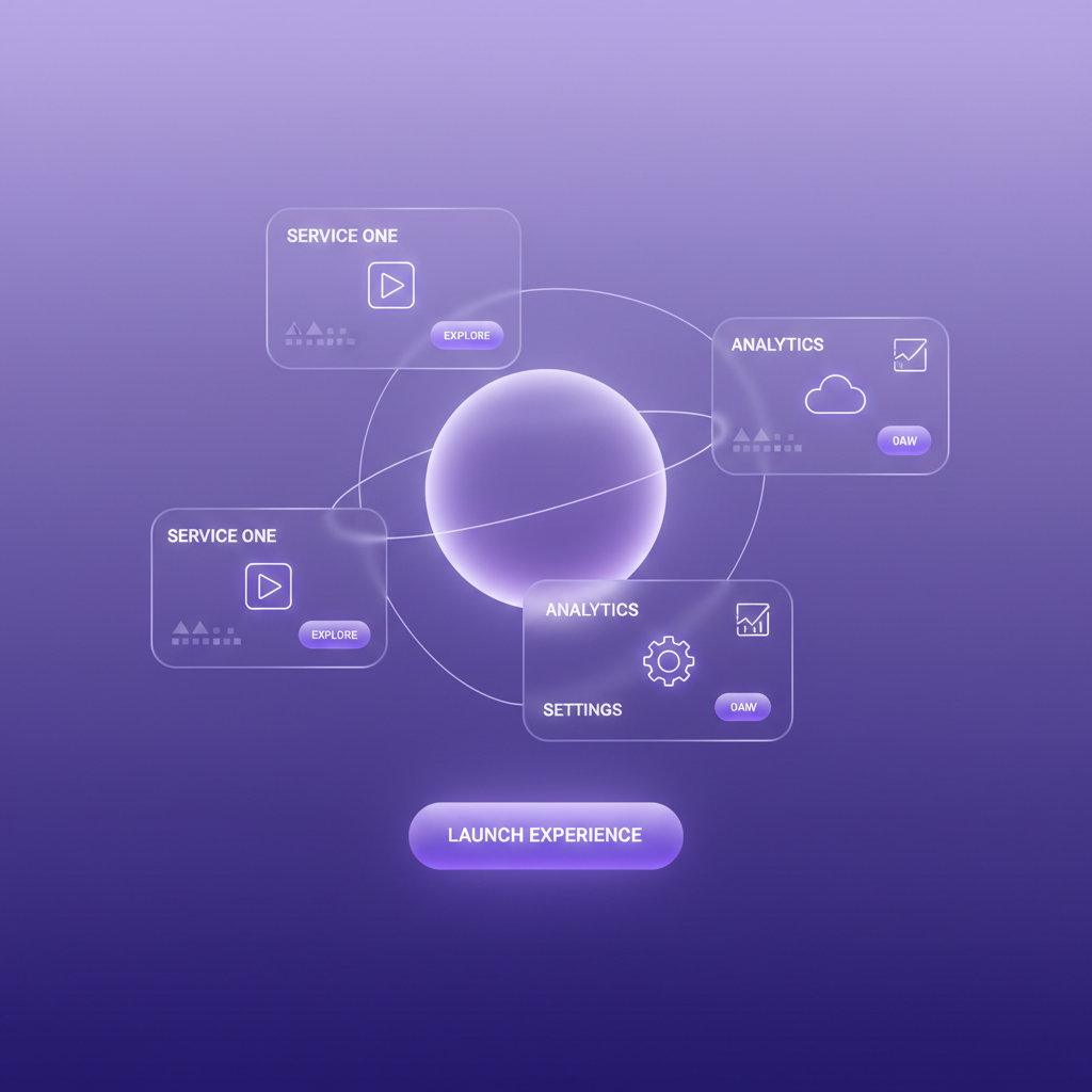 Modern 3D website interface design with purple gradient and floating card elements